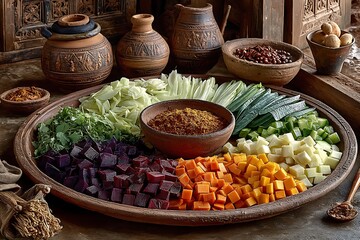 Rustic kitchen setup with fresh vegetables high resolution picture
