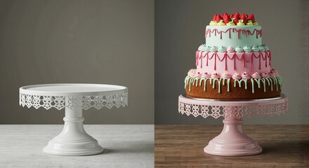 Classic cake stand with colorful layered birthday cake displayed  
