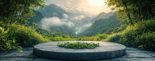 Stone podium amid lush greenery and scenic mountain valley in sunrise light