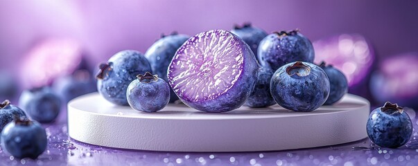 Fresh blueberries on a white surface with a vibrant purple background