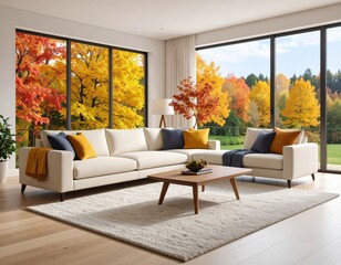 Modern living room with fall foliage view