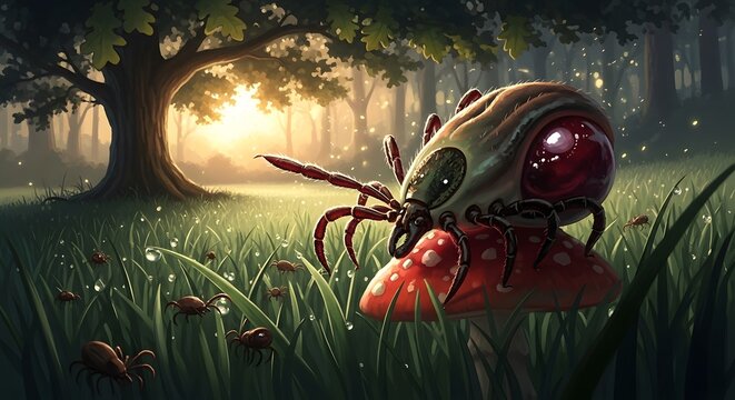 Giant Tick on Mushroom in Dewy Forest at Dawn