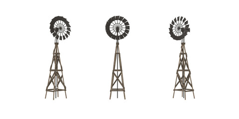 Old wild west wooden windmill water pump tower. Set of 3D illustrations from 3 angles.