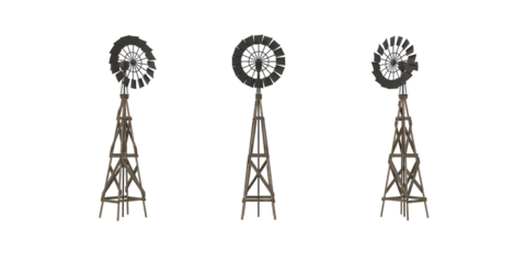 Old wild west wooden windmill water pump tower. Set of 3D illustrations from 3 angles.