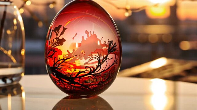 Red glass Easter egg with a beautiful picture on it on the table at olden hour sunset