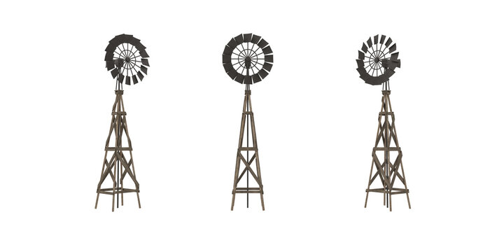 Old wild west wooden windmill water pump tower. Set of 3D illustrations from 3 angles.