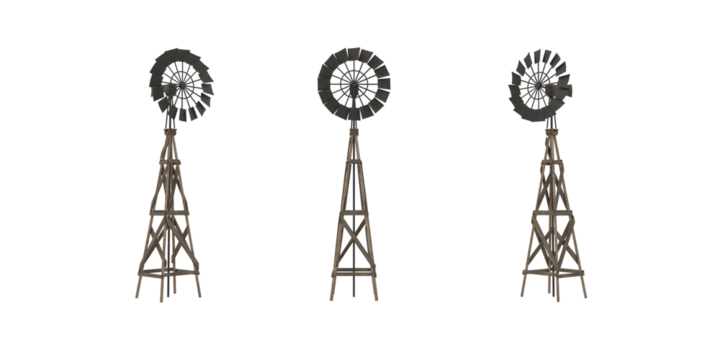 Old wild west wooden windmill water pump tower. Set of 3D illustrations from 3 angles.