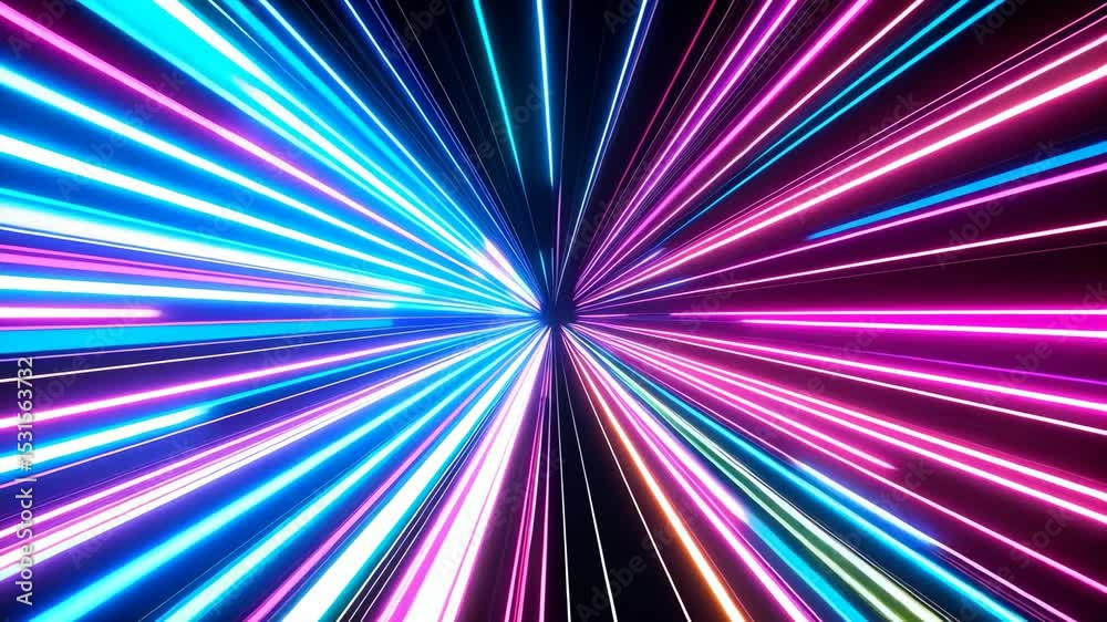 Poster abstract hyperspace jump effect with multiple colored lines emanating from center, generating a vibr