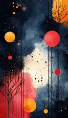 Abstract composition with vibrant circles and organic tree silhouettes