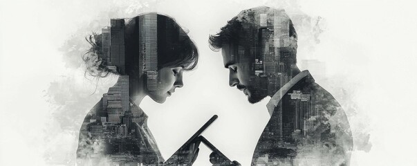 Double exposure of business individuals interacting with urban cityscape in grayscale
