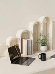 Elegant Desk with Laptop and Wall Frames &ndash; Remote Work Concept