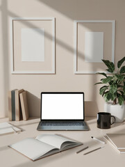 Stylish Flat Workspace with Coffee Mug and Laptop