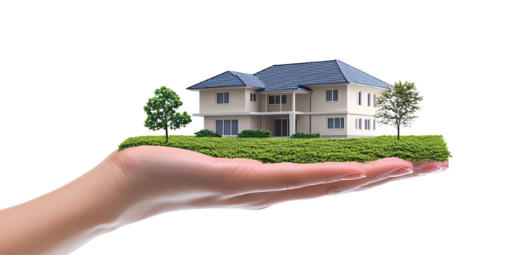 Caucasian womans hand holding a miniature house with green lawn and trees Concept of real estate, property investment, and home ownership