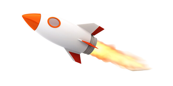 Cartoon rocket launching with vibrant flames on black background Concept of startup, innovation, and space exploration