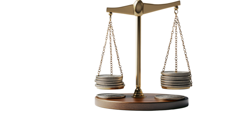 Golden balance scale with coins, illustrating financial equilibrium and investment strategy Concept of justice, fairness, and economic balance in business