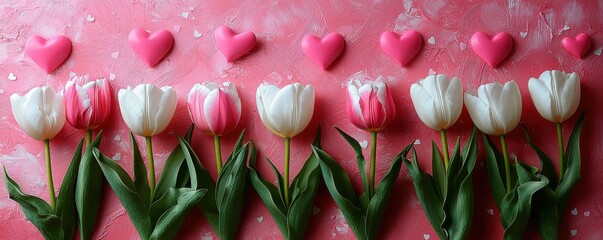 Pink background with white tulips and heart-shaped decorations for romantic themes