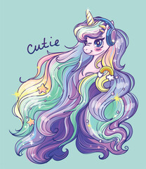 Vector illustration of a cute unicorn with long rainbow hair, wearing headphones and winking. Hand-drawn kawaii style with sparkles, stars, and text "cutie". Perfect for kids, prints, or stationery.