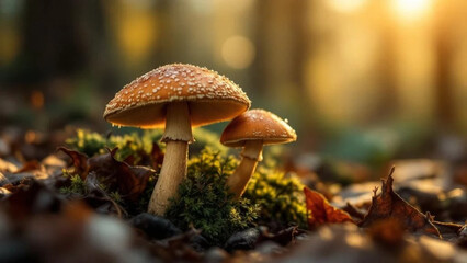 Brown mushrooms in the forest. 