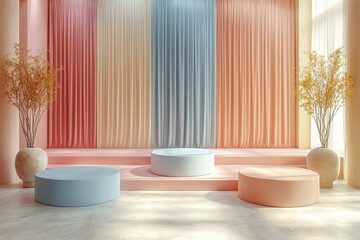 Elegant stage setup with colorful podiums in a minimalist interior