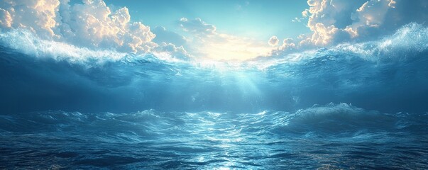 Ocean view with dynamic waves and glowing sunlight through the clouds