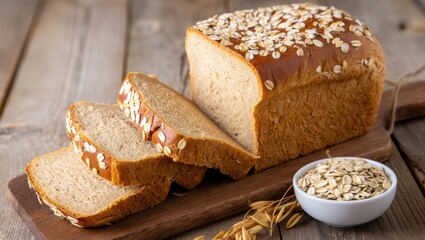 A golden oat bread loaf on a rustic board, lightly topped with rolled oats. Sliced open to show its soft, hearty texture, it sits beside raw oats and oat stalks in warm, natural light