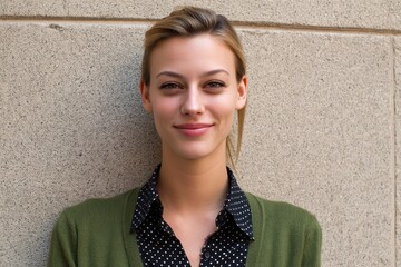 The headshot shows a plain Jane dressed in a nerdy and bizarre outfit that appears conservative and outdated