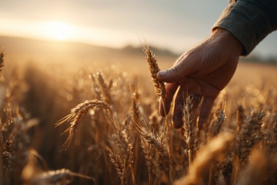 Closeup of hand inspecting ripened wheat at golden hour in agricultural field