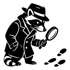 A clever raccoon detective, meticulously examining clues through his magnifying glass. An intriguing design, evoking mystery. vector illustration
