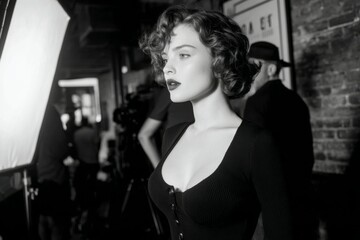 Portrait of a Young Adult Woman with Wavy Hair and Dark Lipstick in a Studio Setting