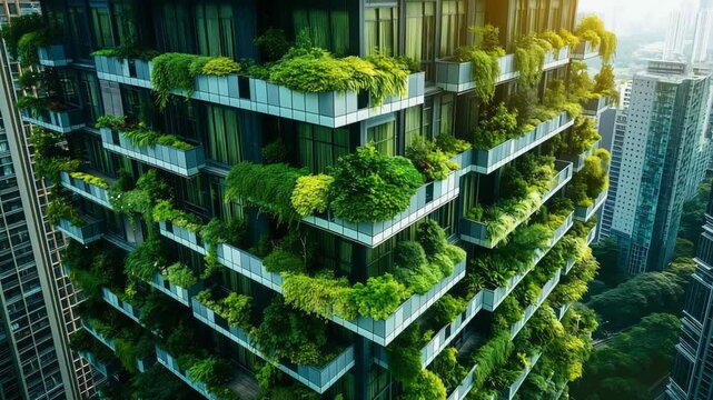 Green sustainable skyscraper building with plants balconies aerial view eco architecture cityscape