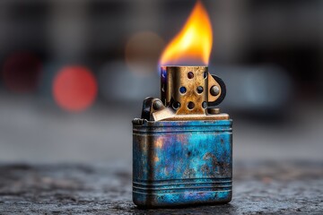 Flaming Lighter with Intricate Metallic Texture and Blurred Urban Backdrop
