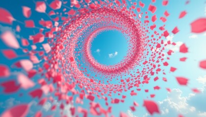 Spiraling vortex of red hearts forming tunnel into bright blue center on soft gradient background. Concept of digital love and emotion