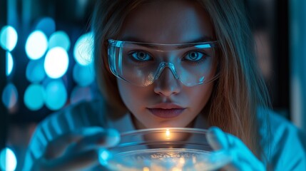 Serious woman with blonde hair and safety goggles performing a science experiment with glowing liquid in lab. Concept of advanced chemistry