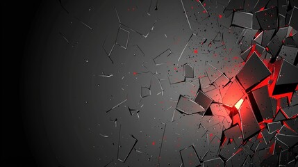 An abstract image depicts a dark gray surface fracturing, with glowing red fragments emanating from the center.  The effect suggests an explosion or impact