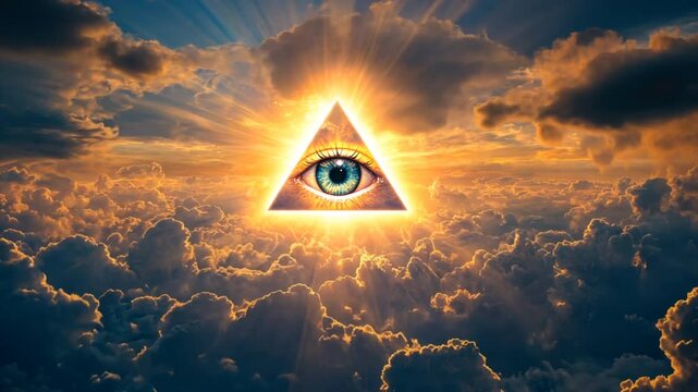 Shining Eye of Providence in the blue cloudy sky at sunset. All-seeing God's eye in heaven. Symbol of Illuminati and Freemasons