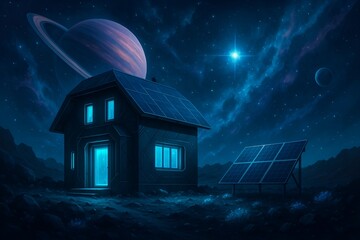 Futuristic Off-Grid Home on an Alien Planet with Solar Power (AI Generated)