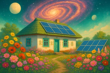 Ukrainian Thatched-Roof Cottage with Solar Power Under a Cosmic Sky (AI Generated)
