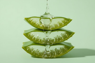 Fresh aloe vera slices stacked with dripping clear gel on a soft green background.