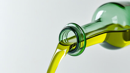 Olive oil pouring from a green glass bottle on a white background.