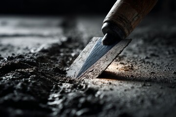 A Wooden Handled Trowel Smoothing Dark Cement Surface with Glistening Granular Texture