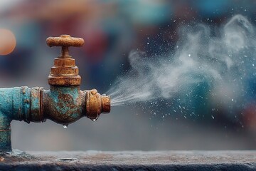 Leaking outdoor faucet with rust and mineral buildup releasing spray