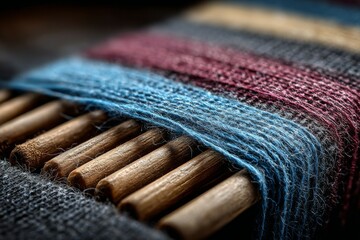 Close-up of Woven Threads on Wooden Spindles Forming Colorful Textile