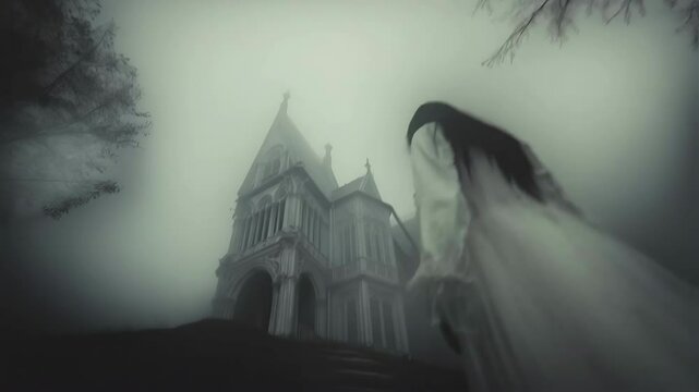 Pale ghostly bride with streaming black hair wandering through dense fog. Moving slowly toward shadowy abandoned house perched on misty desolate hill. Embodying supernatural gothic horror atmosphere