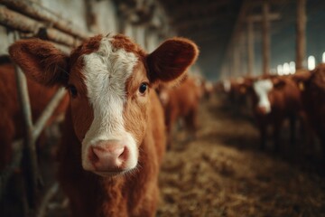 Curious Brown Calf Portrait in an Indoor Farming Livestock Facility