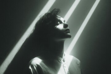 Dramatic Portrait of Pensive Woman Bathed in Radiant Window Light Streams