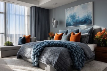 Luxury Bedroom Interior with Textured Blanket and Pillows in Muted Tones