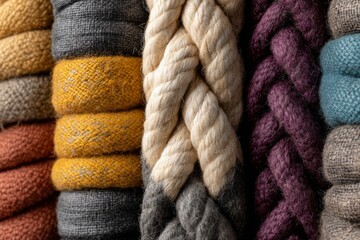 Pile of Textured Woven Cloth Rolls Next to Braided Ropes Close Up