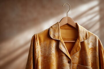Elegant Gold Velvet Pajama Top Hanging on Wooden Clothes Hanger in Studio