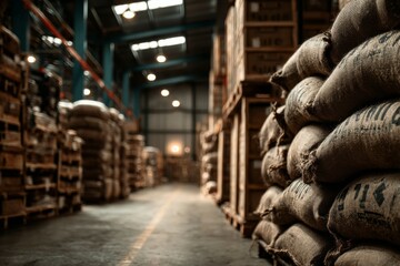 Stacks of Burlap Sacks and Wood Crates in Warehouse Storage Facility