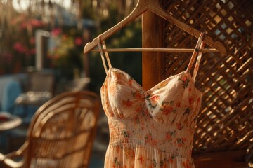 Floral Sundress on Hanger in Warm Sunlight with Wicker Furniture and Floral Garden